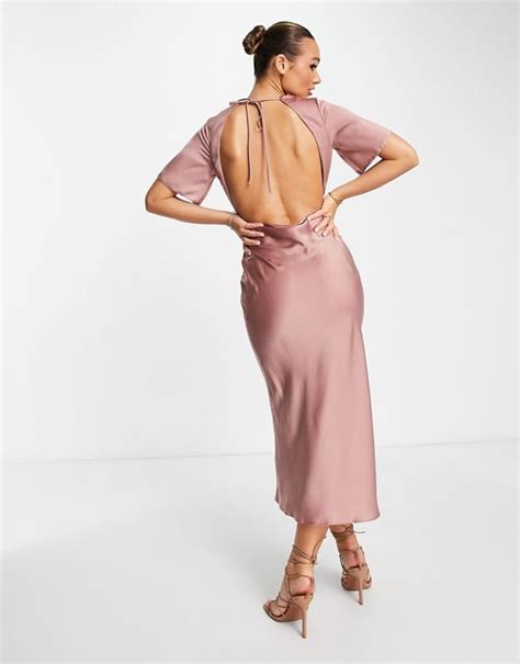 Asos Design Bridesmaid Satin Midi Dress With Flutter Sleeve And Open Back In Toffee Pink