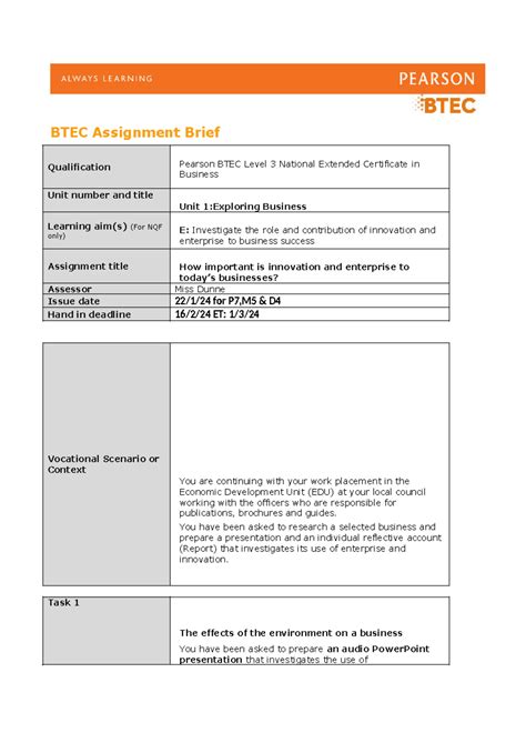 Authorised Assignment Brief For Unit 1 Ass 3 Btec Assignment Brief