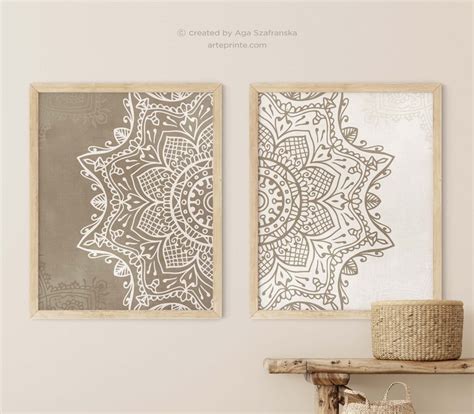 Beige Taupe Mandala Wall Art Set Of 2 Prints Boho Living Room Etsy