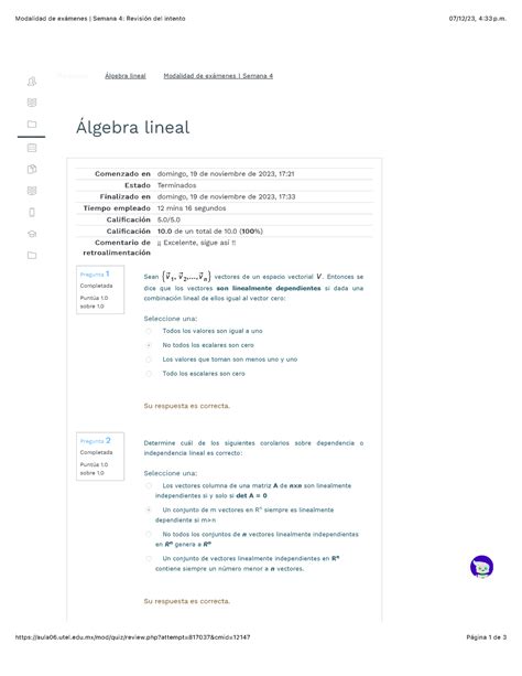 Álgebra Lineal Semana 4 Modalidad De Exámenes Semana 4 Revisión