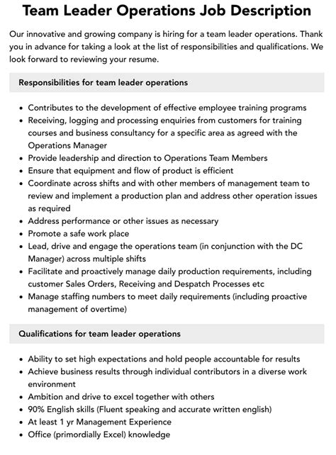 Team Leader Operations Job Description Velvet Jobs