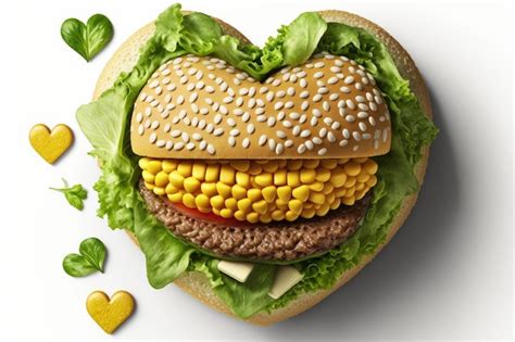 Merienda rápida dorada en forma de hamburguesa en forma de corazón con