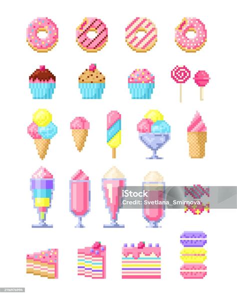 Pixel Art Sweet Food Set In Style Of Eightbit Game Donuts Cupcakes Ice Cream Candies And Milk