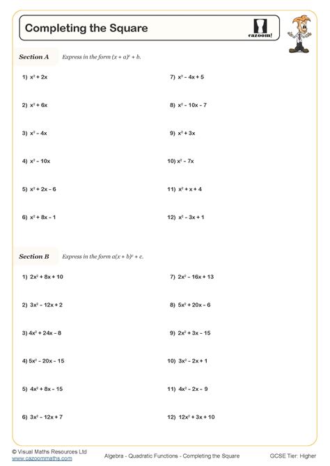 Completing the Square to Find Turning Points Worksheet / Worksheet ...