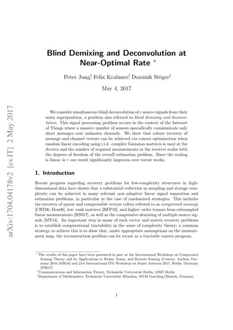 Pdf Blind Demixing And Deconvolution At Near Optimal Rate