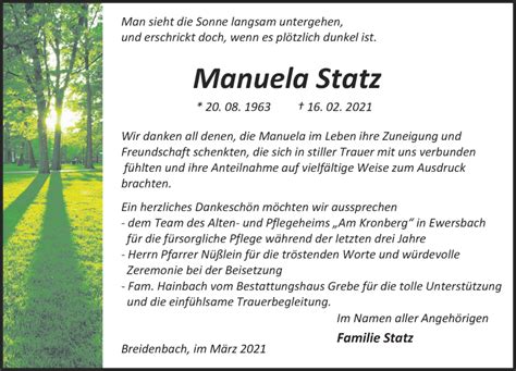 Traueranzeigen Von Manuela Statz Vrm Trauer De