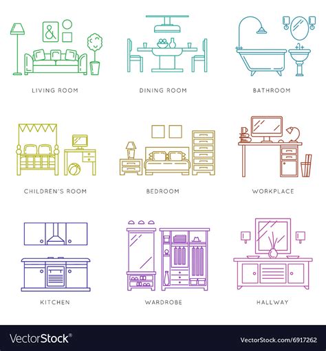 Home Rooms Interior In Linear Style Icons Vector Image