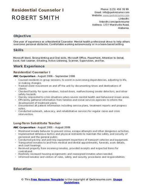 Residential Counselor Resume Samples Qwikresume