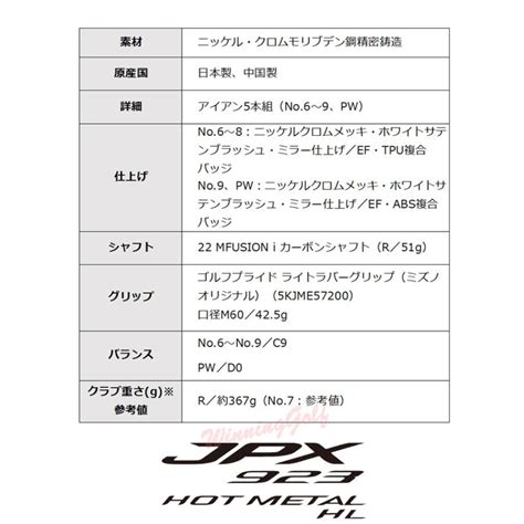 MIZUNOミズノ JPX923 HOT METAL HL アイアン 5本組 No 6PW 22 MFUSION i カーボン