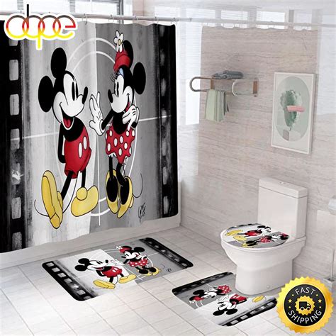 Happy Cartoon Mickey Minnie Waterproof Shower Curtain Bath Mat Toilet