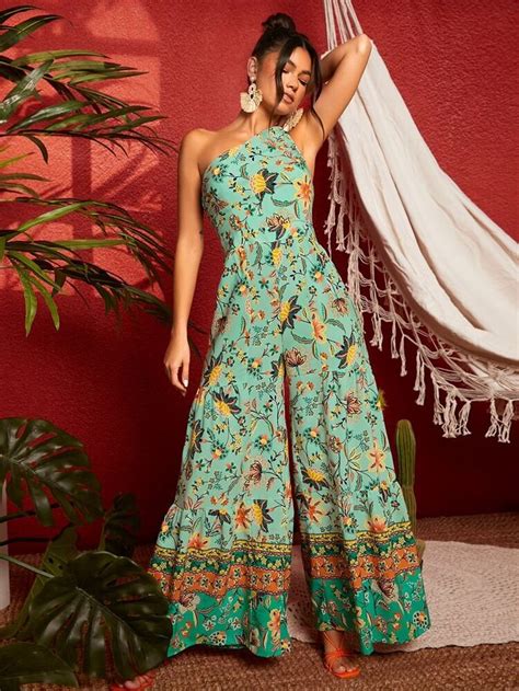 Shein Floral Print One Shoulder Wide Leg Jumpsuit In Wide Leg