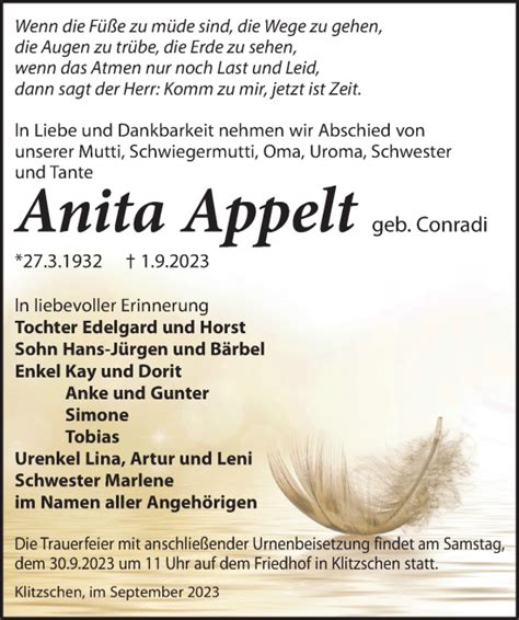 Traueranzeigen Von Anita Appelt Trauer Anzeigen De