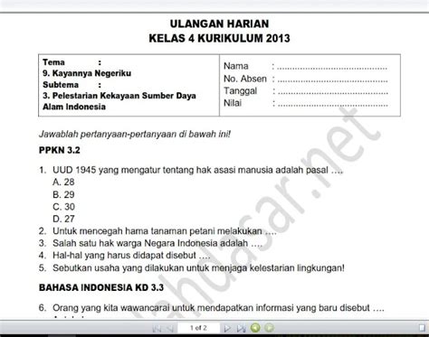 Soal Ulangan Harian Kelas 4 Tema 9 Subtema 3 SekolahDasar Net