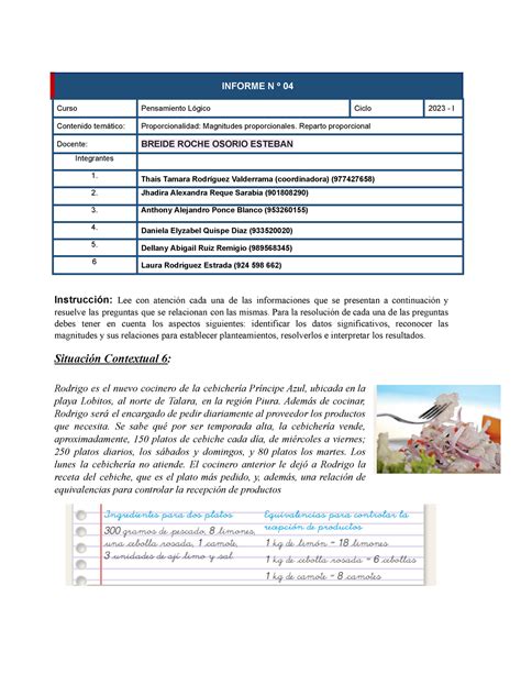 Informe N 04 E6 final INFORME N º 04 Curso Pensamiento Lógico