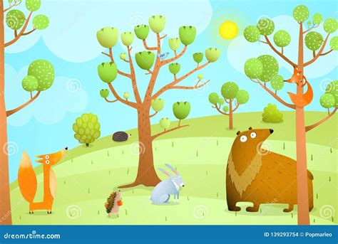 Forest Summer Landscape with Animals Stock Illustration - Illustration ...