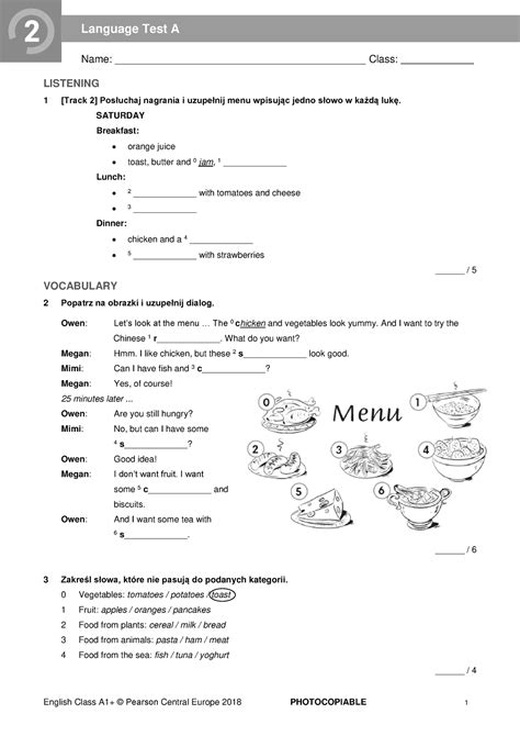 EC A1P Language Test 2A Name