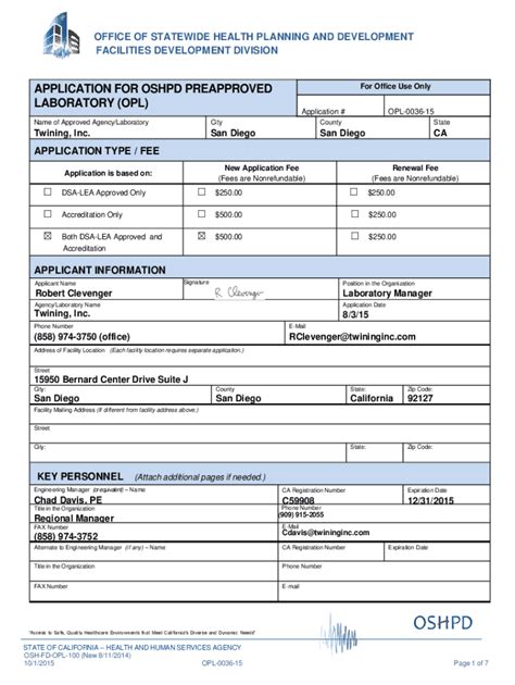 Fillable Online Oshpd Ca Application For OSHPD Preapproved Laboratory