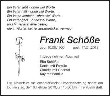 Traueranzeigen Von Frank Sch E M Rkische Onlinezeitung Trauerportal