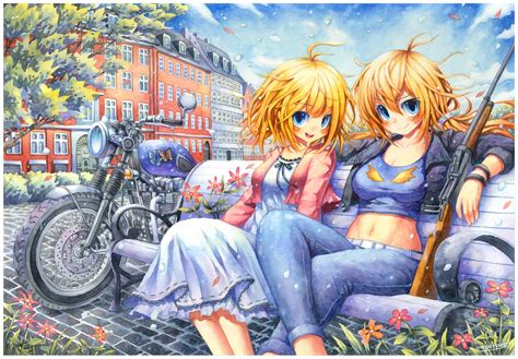 2girls Blonde Hair Blue Eyes Building Clouds Dress Emperpep Flowers Gun