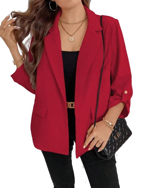 Casual Plain Lapel Neck Long Sleeve Red Plus Size Blazers Womens