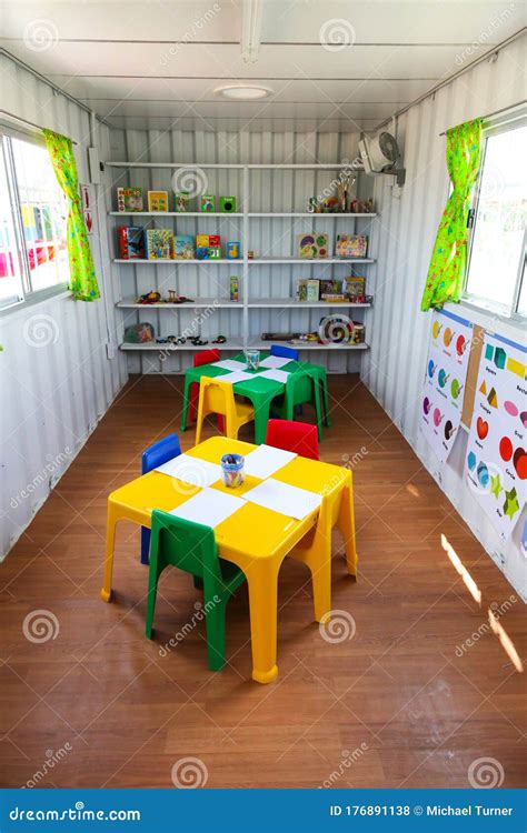 Inside Interior Of Portable Preschool Classroom Made From A Shipping Container Editorial Stock