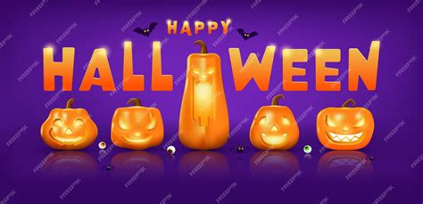 Premium Vector Halloween Text Yellow And Orange Design With Yellow Pumpkins Bat Flying Spider