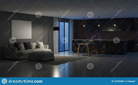 Modern House Interior Night Evening Lighting Stock Illustration