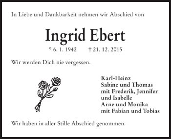 Traueranzeigen Von Ingrid Ebert Trauer Anzeigen De