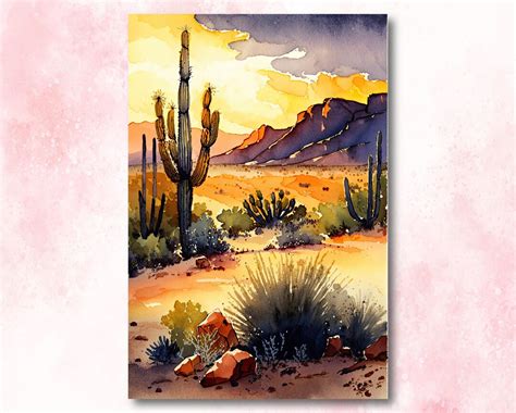 Desert Sunset Print Colorful Watercolor Wall Art Southwest Landscape ...