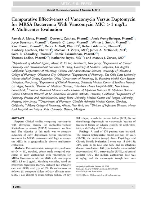 PDF Comparative Effectiveness Of Vancomycin Versus Early Daptomycin