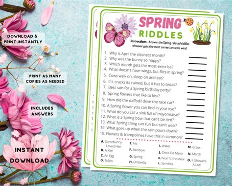 Spring Riddles Printable Quiz Game Fun Activity Idea For Adults And Ki