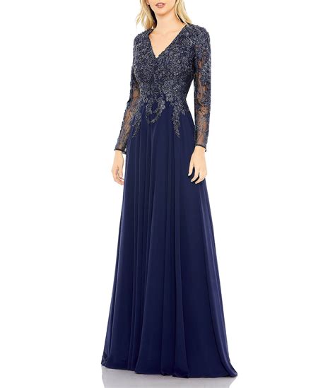 Mac Duggal Embellished Floral Lace V Neck Illusion Long Sleeve Gown