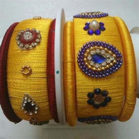 Stone Chain Yellow Handmade Silk Thread Bangle For Traditional Round