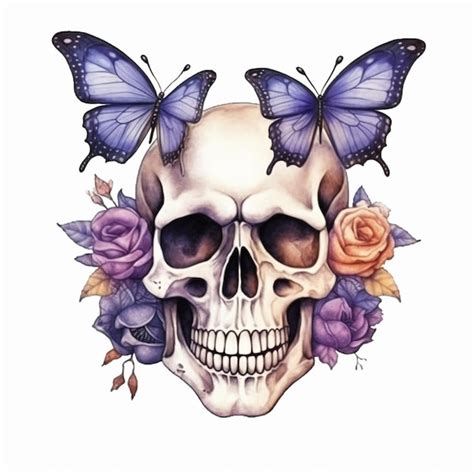 Premium Photo Skull With Butterfly And Roses Tattoo Design Generative Ai