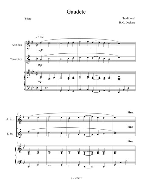 Gaudete Alto And Tenor Sax Duet With Piano Accompaniment Arr B C