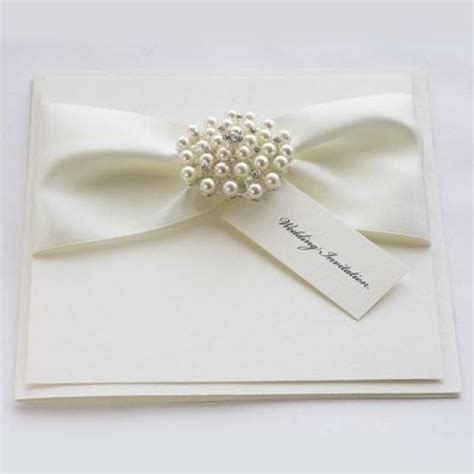 Satin Pearl Wedding Invitations With Luxury Satin Ribbons And A Crystal