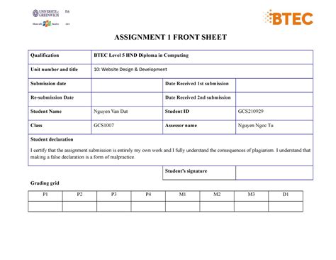 Assignment 1 1633 ASSIGNMENT 1 FRONT SHEET Qualification BTEC Level 5