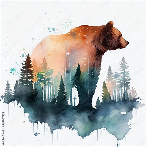 Brown bear, watercolor illustration drawing. Double exposure. AI ...