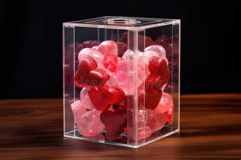 A Clear Box Filled With Hearts Resting On Top Of A Wooden Table