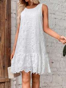 SHEIN VCAY Guipure Lace Ruffle Hem Smock Dress SHEIN USA