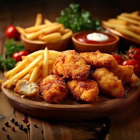 Unhealthy Indulgence Fried Chicken Fries And Nuggets On Wooden Table