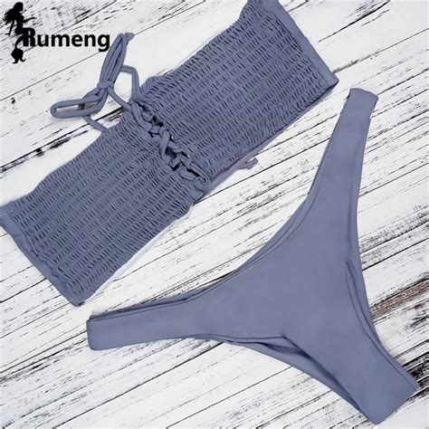 RUMENG 2018 New Women Wrinkle Bikini Set Bandage Halter Push Up Padded