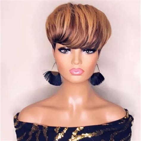 Short Honey Blonde Ombre Brazilian Hair Bob Wig With Bangs Pixie Cut