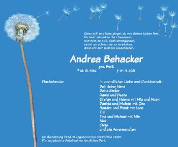 Traueranzeigen Von Andrea Behacker Trauer Flz De