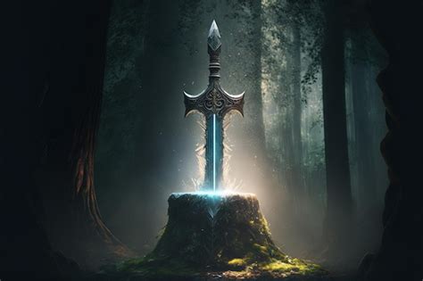 Premium Photo Excalibur Sword In The Stone With Light Rays In A Dark