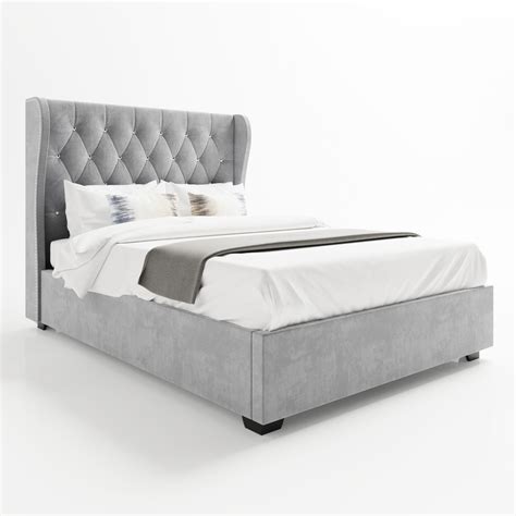 Grey Velvet Double Ottoman Bed With Diamante Headboard Safina Furniture123