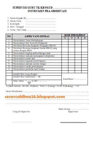 Contoh Format Supervisi Kepala Sekolah Kepada Guru Paud Entrispot