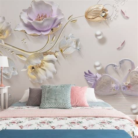 D Embossed Look Tulip Floral With Swan Wallpaper Mural Wallmur