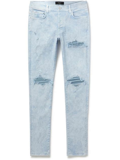 Amiri Mx Skinny Fit Distressed Leather Panelled Jeans Blue Amiri