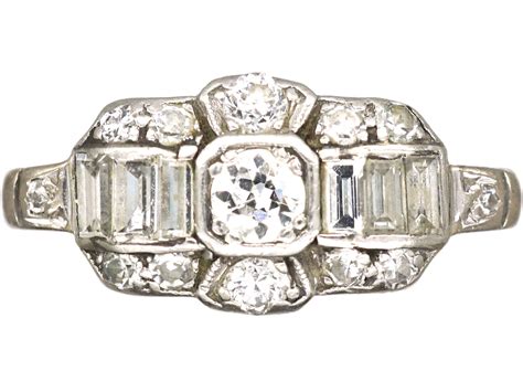 Art Deco 18ct White Gold Diamond Ring With Baguette Diamond Detail